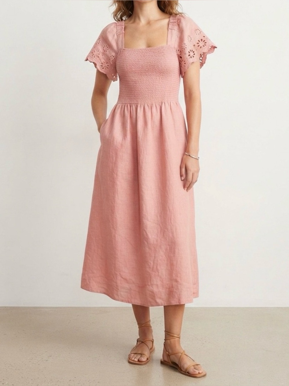 Madewell Pink Square-Neck Smocked Midi Dress with eyelet sleeve